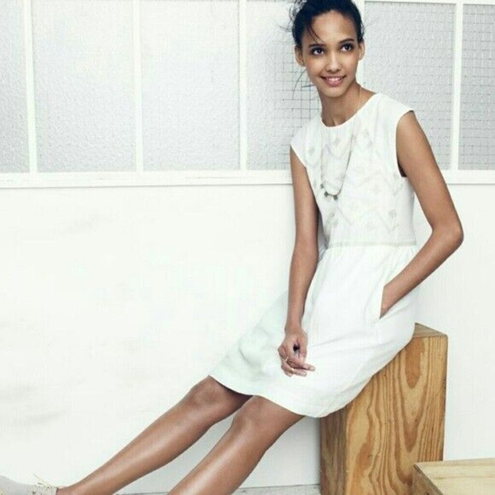 Madewell White Linen Embroidered Lined Sandwave Boho Sleeveless Dress Size Small - Picture 5 of 12